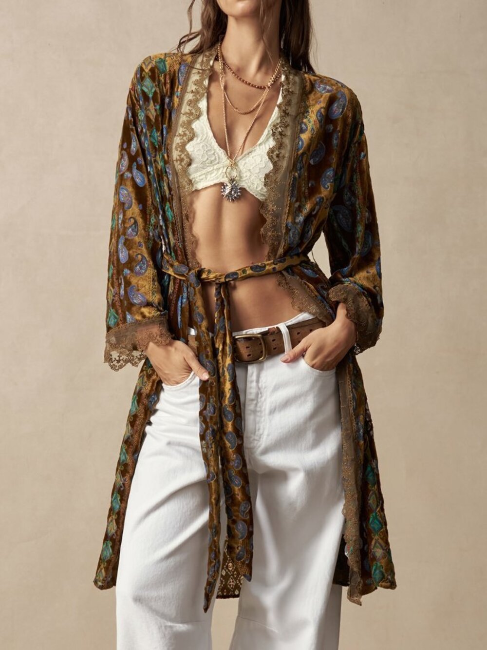 Brown Boho Women's Vacation Contrast Lace Regular Jacket - Picture 5 of 8